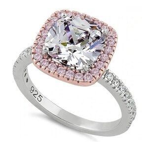 925 Sterling Silver Two Tone Rose Gold Plated Cushion Cut Clear & Pink Ring